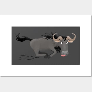 Funny wildebeest running cartoon illustration Posters and Art